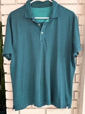 UNTUCKit Men’s Large Blue Teal Stripped Polo Shirt Short Sleeve Casual Stretch